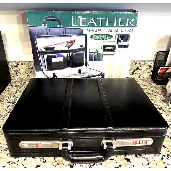 Monarch Bonded Leather Expandable Attache Case Black With Reinforced Vinyl Trim